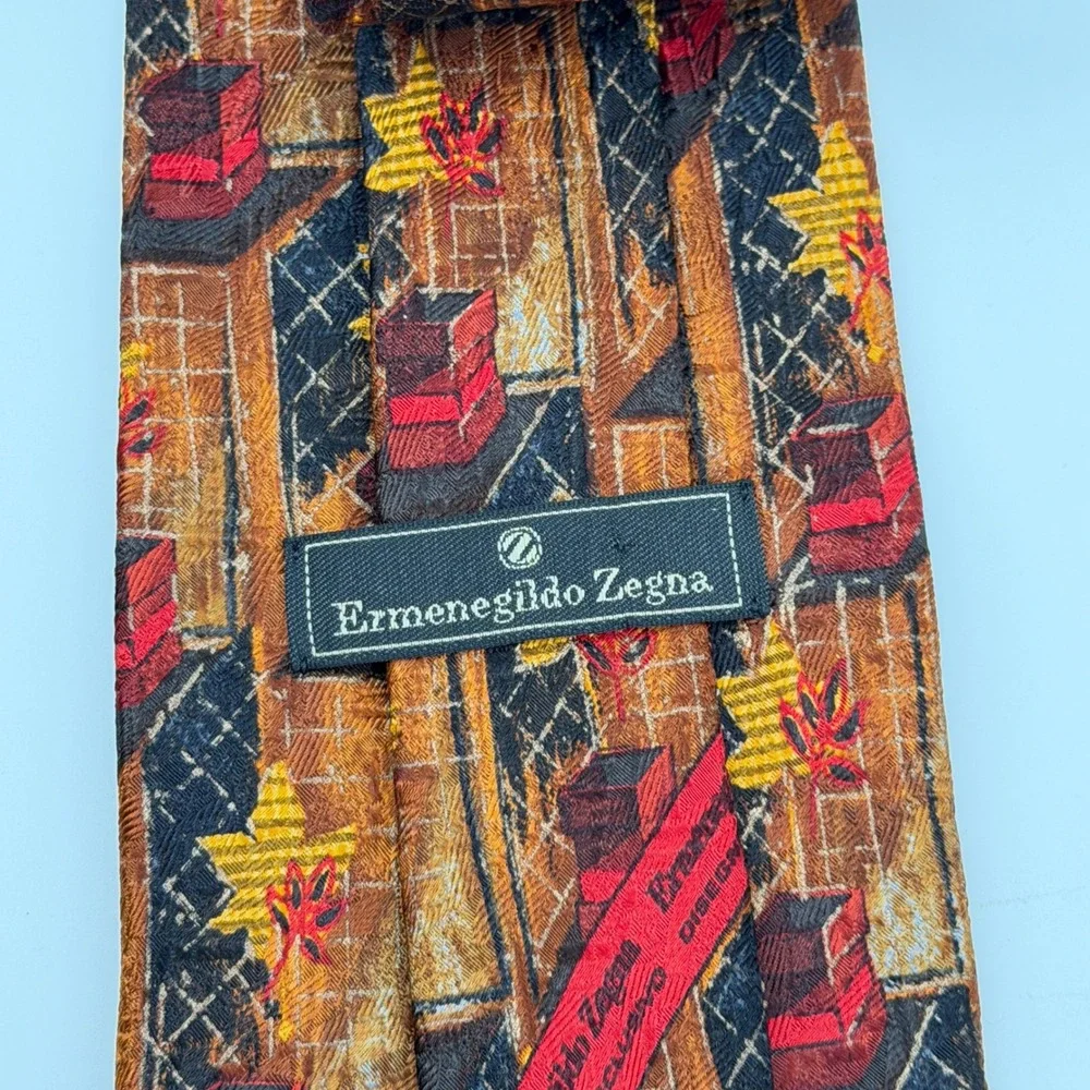 Ermenegildo Zegna Mens Silk‎ Tie Brown Red Abstract Geometric Made in Italy